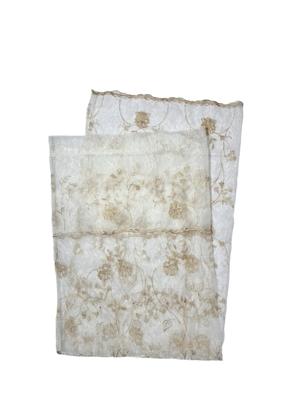 Single Embroidered Gossamer Net Curtain Panel w/ Attached Valance Gold Ivory